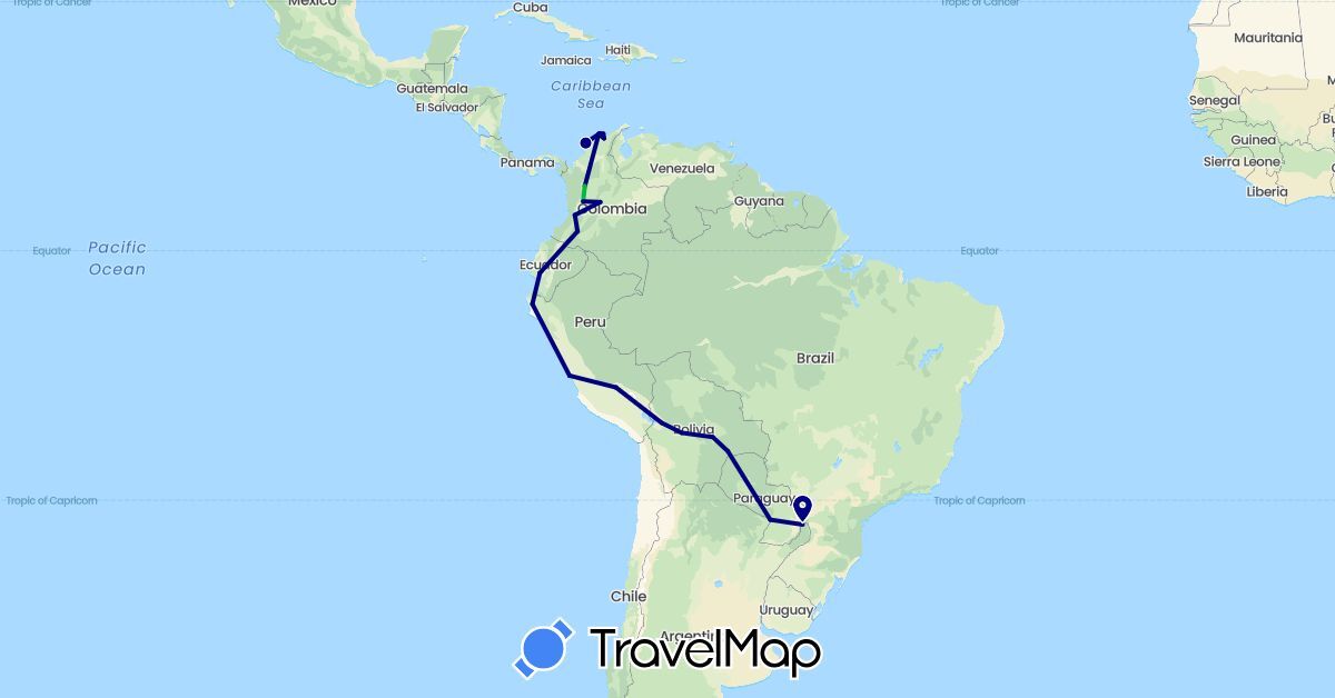 TravelMap itinerary: driving, bus in Argentina, Bolivia, Colombia, Ecuador, Peru, Paraguay (South America)